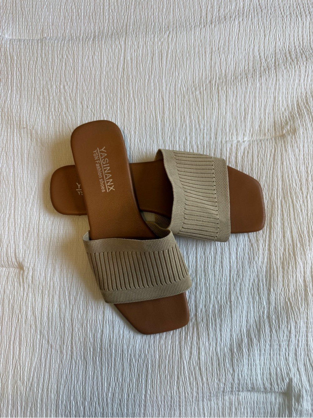 YasninaX Women's Beige Knit Slide Sandals